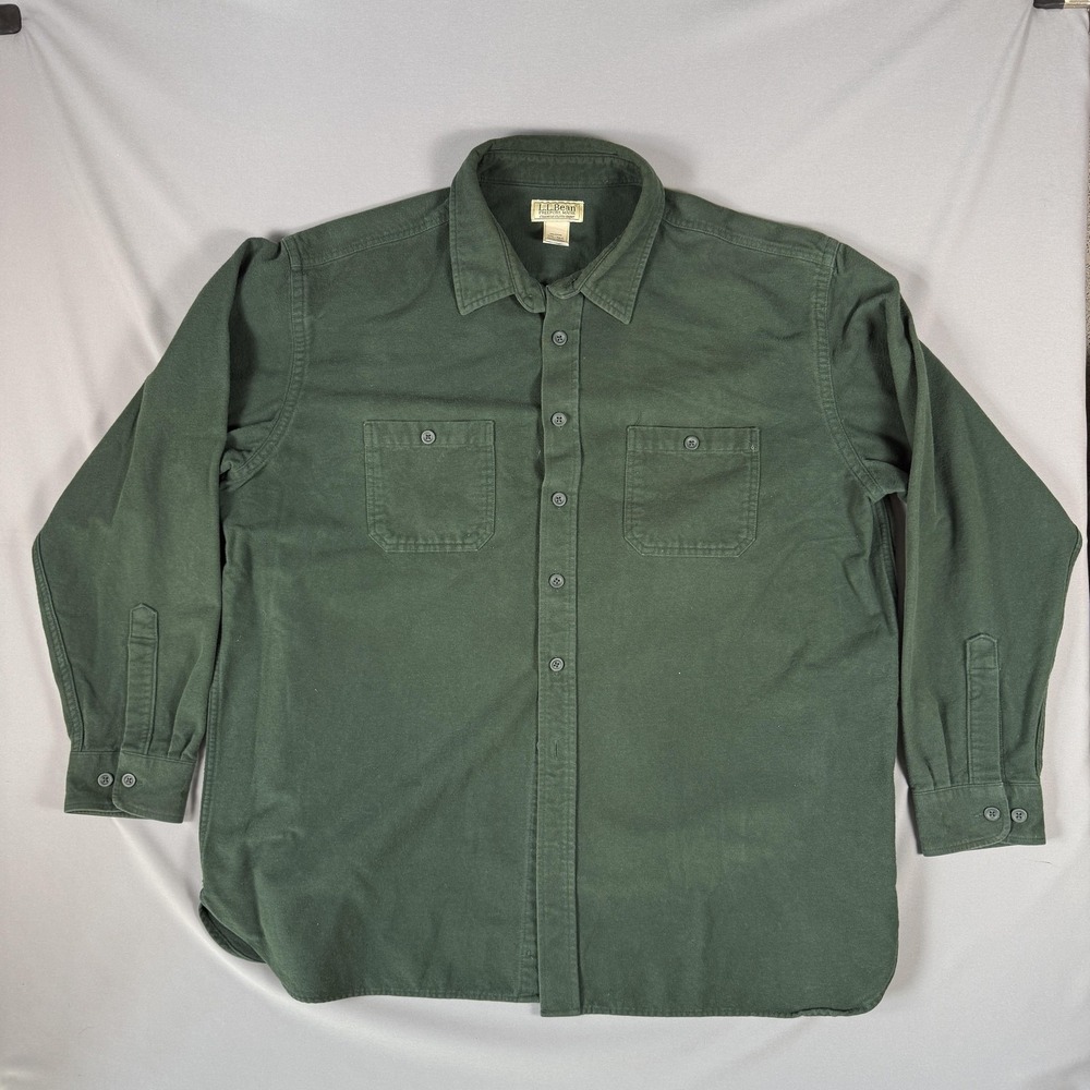 LL Bean Shirt Mens 2XL Green Chamois Cloth Button Down Long Sleeve Outdoor